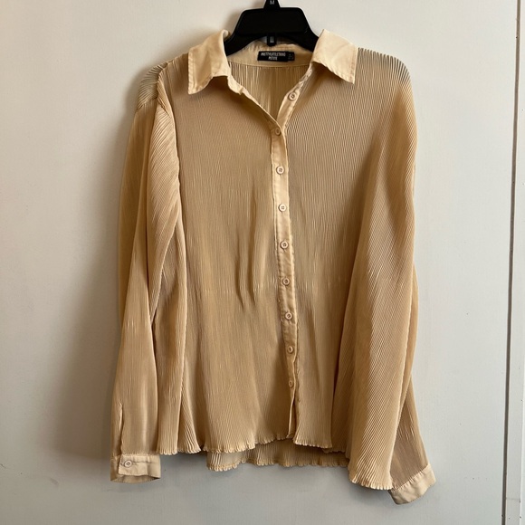 Cream Plisse Set Button Front Oversized Shirt & High Waisted Wide Leg Pants - Picture 6 of 7